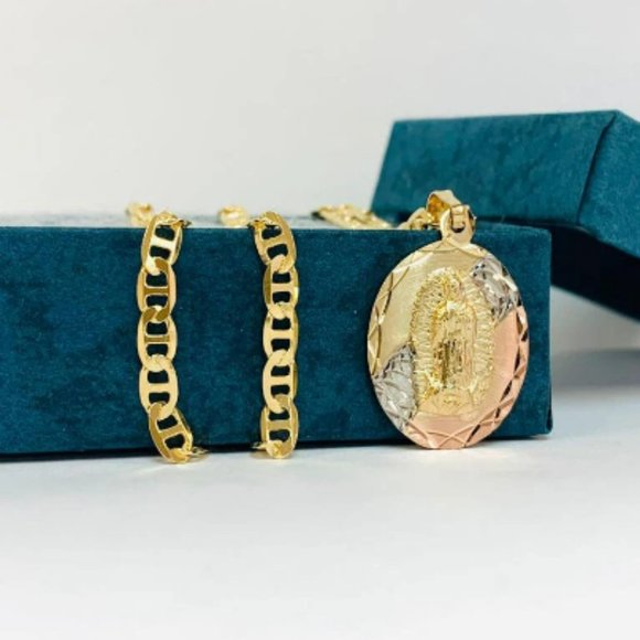 Virgen de Guadalupe Necklace Pendant Mariner Link Chain 20" for Womens in Gold F - Picture 7 of 7